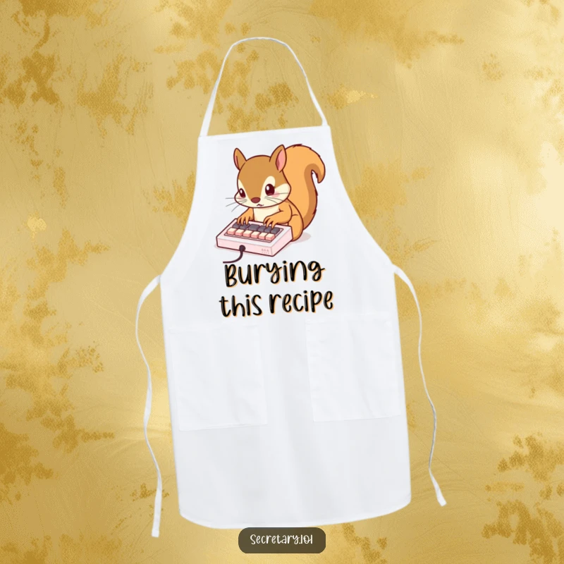 Funny squirrel tapping rapidly on a miniature keyboard with tiny claws, making this an apron a humorous and practical kitchen accessory.