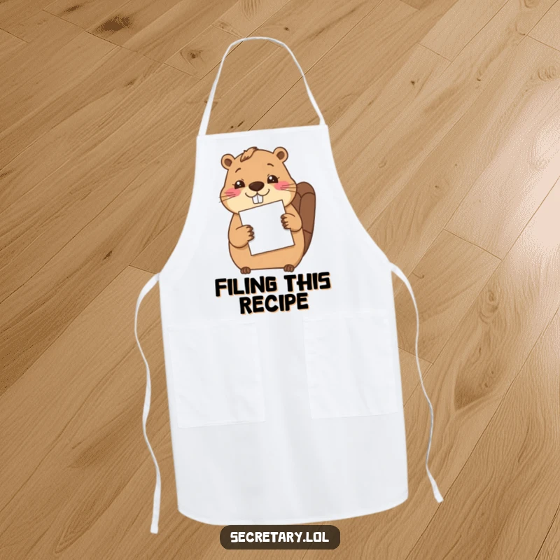 Funny beaver carefully filing a piece of paper with its paw, making this apron a humorous and practical kitchen accessory.