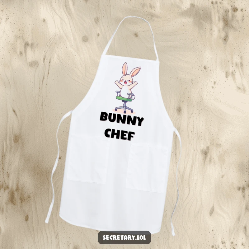 Funny happy bunny spinning on an office chair, looking dizzy and delighted, perfect for aprons.