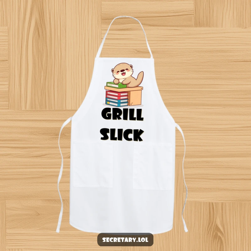 Funny otter giggling while sliding down a desk on files, perfect for aprons, kitchen humor.