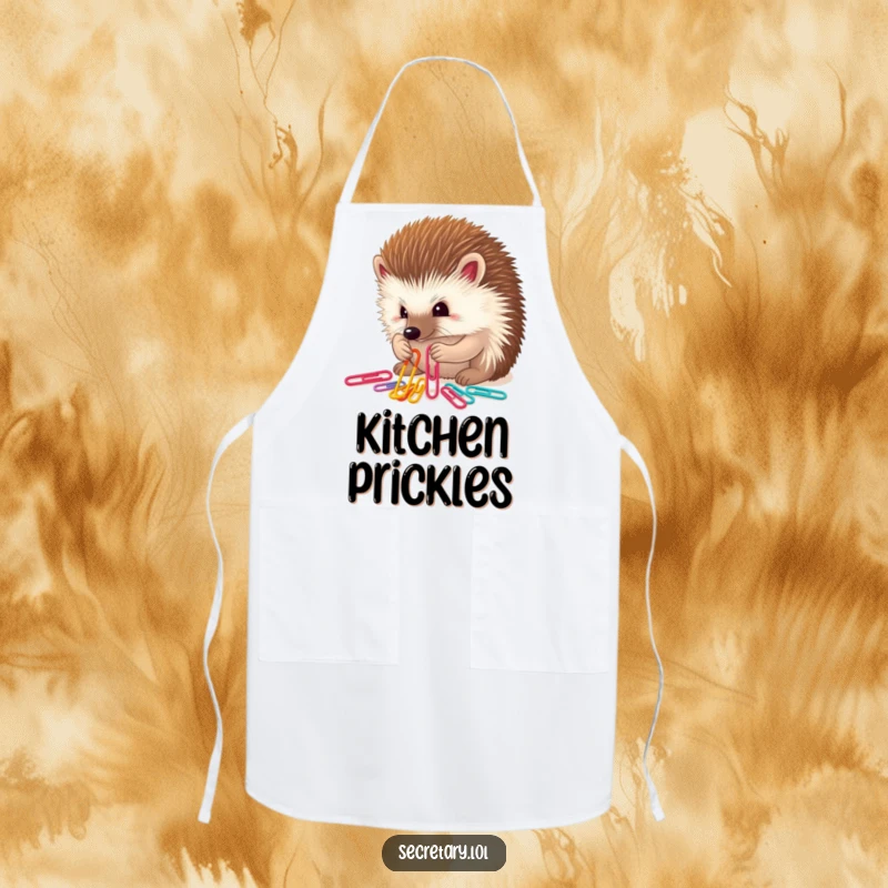 Funny determined hedgehog sorting colorful paper clips with tiny paws, perfect for aprons.