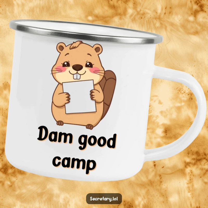 Funny beaver carefully filing a piece of paper with its paw, perfect for outdoor brews and a humorous nod to diligence.