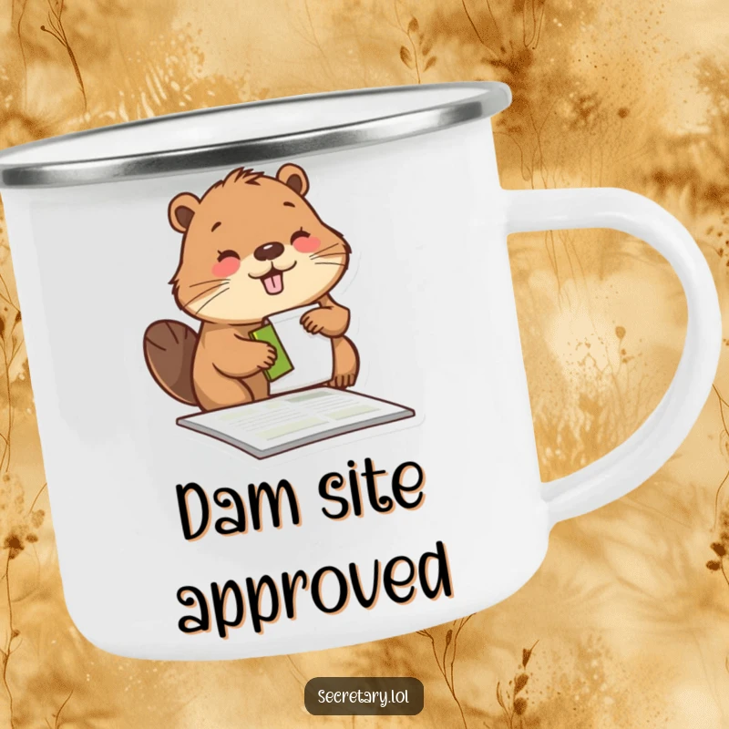Funny beaver stamping a form with a happy face, featured on a camping mug for humorous outdoor use.