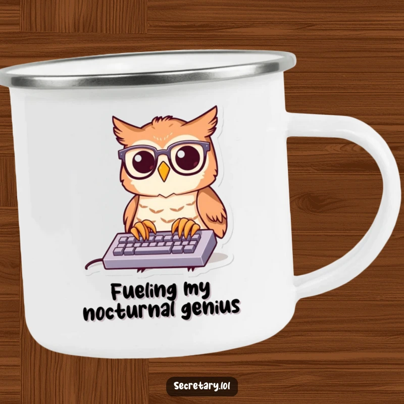 Funny owl with glasses typing on a keyboard, depicted on a sturdy camping mug for humorous outdoor enjoyment.
