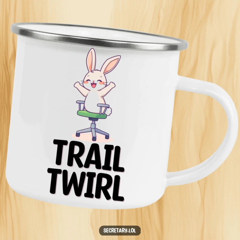 Funny happy bunny spinning on an office chair, looking dizzy and delighted, ideal for camping mugs.