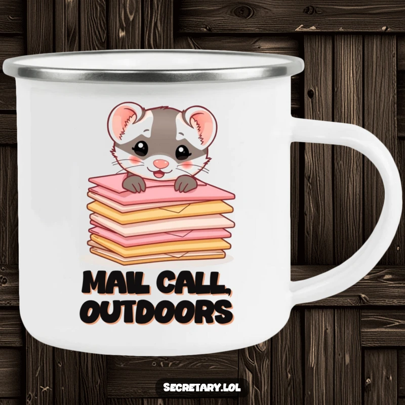 Funny ferret peeking from behind a stack of tiny, cute envelopes on a durable camping mug, perfect for outdoor drinks.