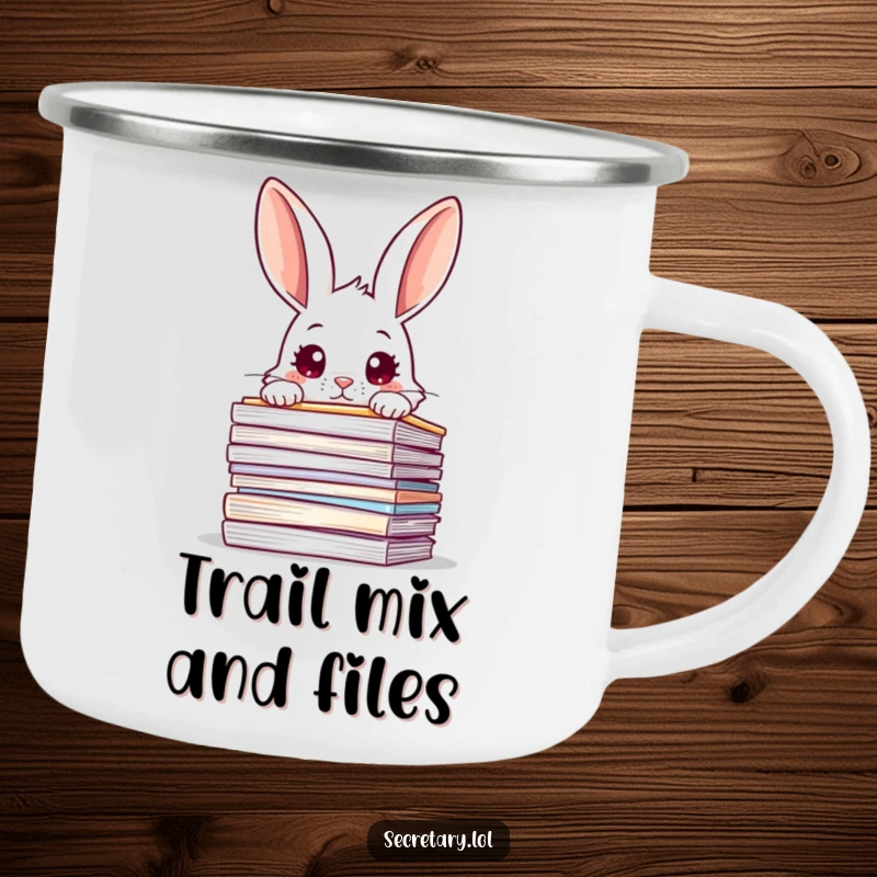 Funny rabbit peeking over files with wide eyes, on a camping mug for humorous outdoor enjoyment.