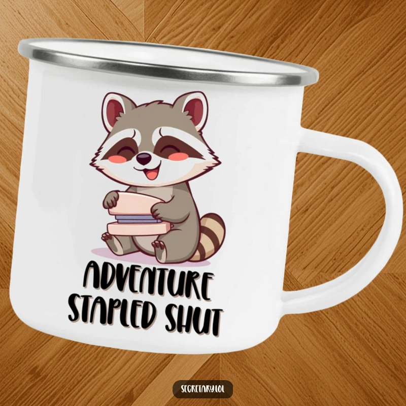 Funny giggling raccoon operating a stapler with glee, on a camping mug for humorous outdoor use.