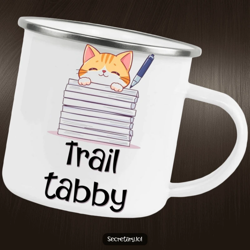 Funny curious cat behind papers, batting a pen, ideal for camping mugs, outdoor fun.