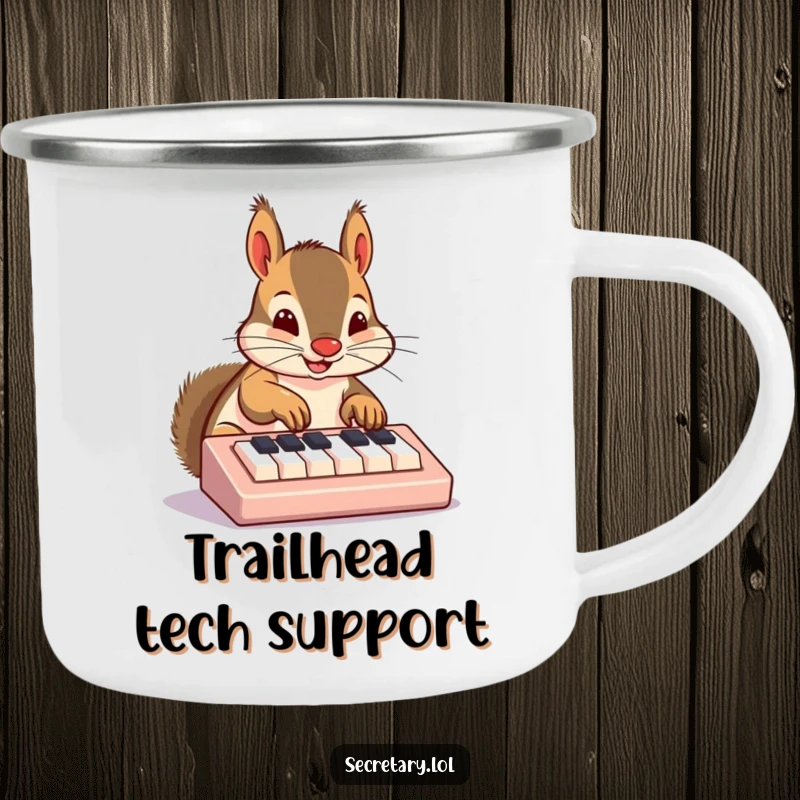 Funny squirrel camping mug with a cheerful squirrel nose-typing on a small keyboard, perfect for outdoor fun.