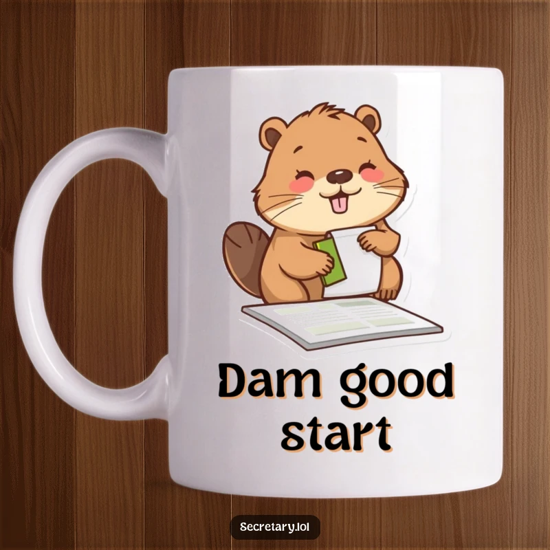 Funny beaver happily stamping a document with its paw, showcasing diligence and a pleased expression on a mug.
