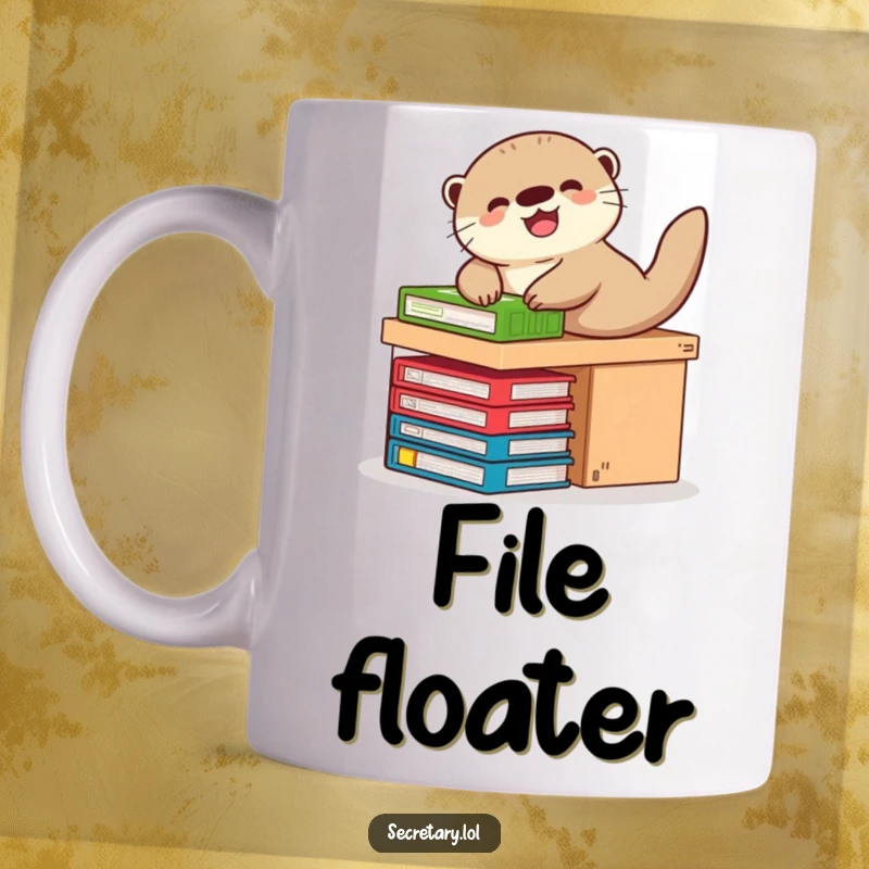Funny playful otter sliding down a miniature desk on files, giggling, perfect for a mug gift.