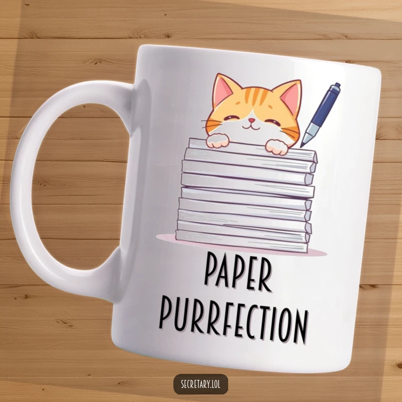 Funny curious cat peeking from behind papers, playfully batting a pen, creating office chaos, ideal mug.