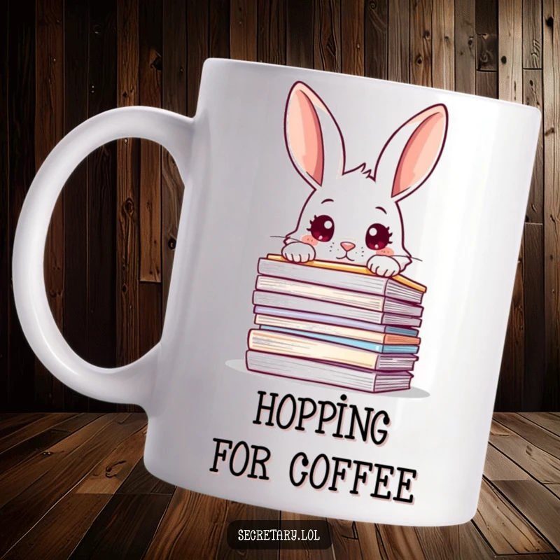 Funny rabbit with wide eyes peeking over overflowing files, expressing curiosity and overwhelm on a mug.