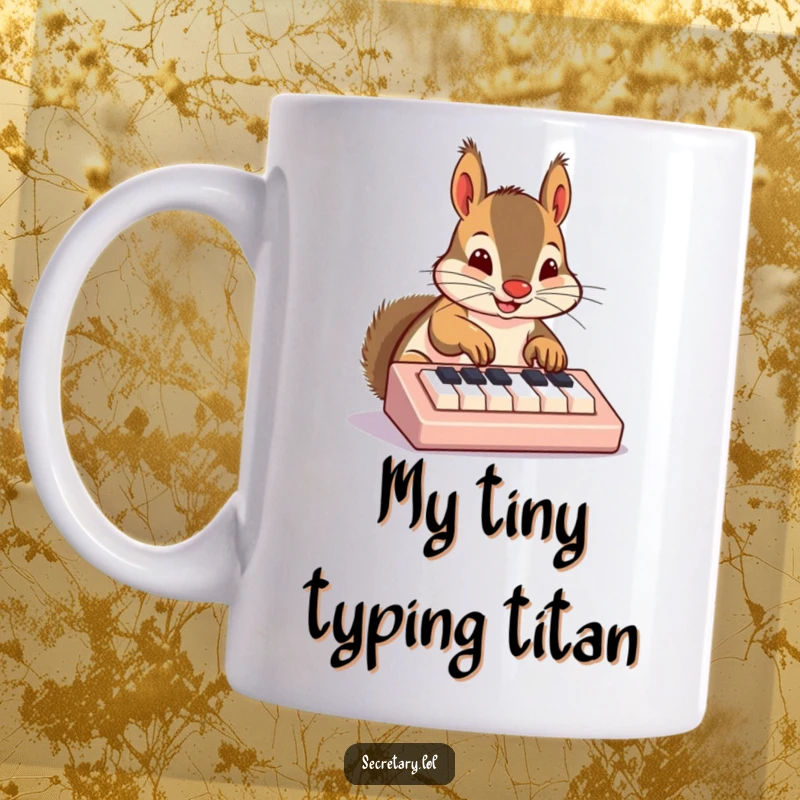 Funny squirrel mug featuring a cheerful rodent nose-typing on a tiny keyboard, ideal for tech enthusiasts and gamers.