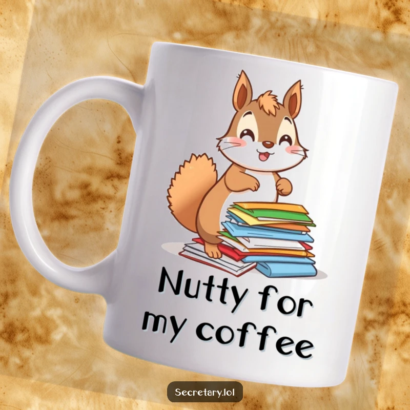 Funny squirrel energetically sorting colorful papers with a bouncy attitude, displayed on a mug.