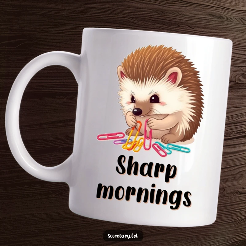 Funny determined hedgehog carefully sorting colorful paper clips with tiny paws, ideal mug.