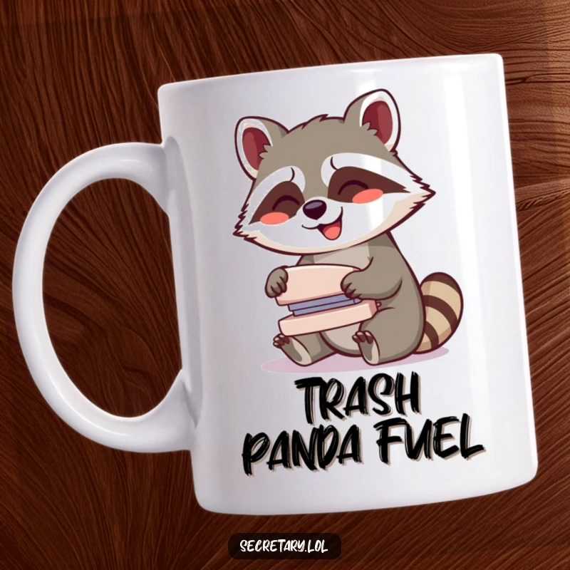 Funny giggling raccoon gleefully operating a small stapler with a whirring sound, depicted on a mug.