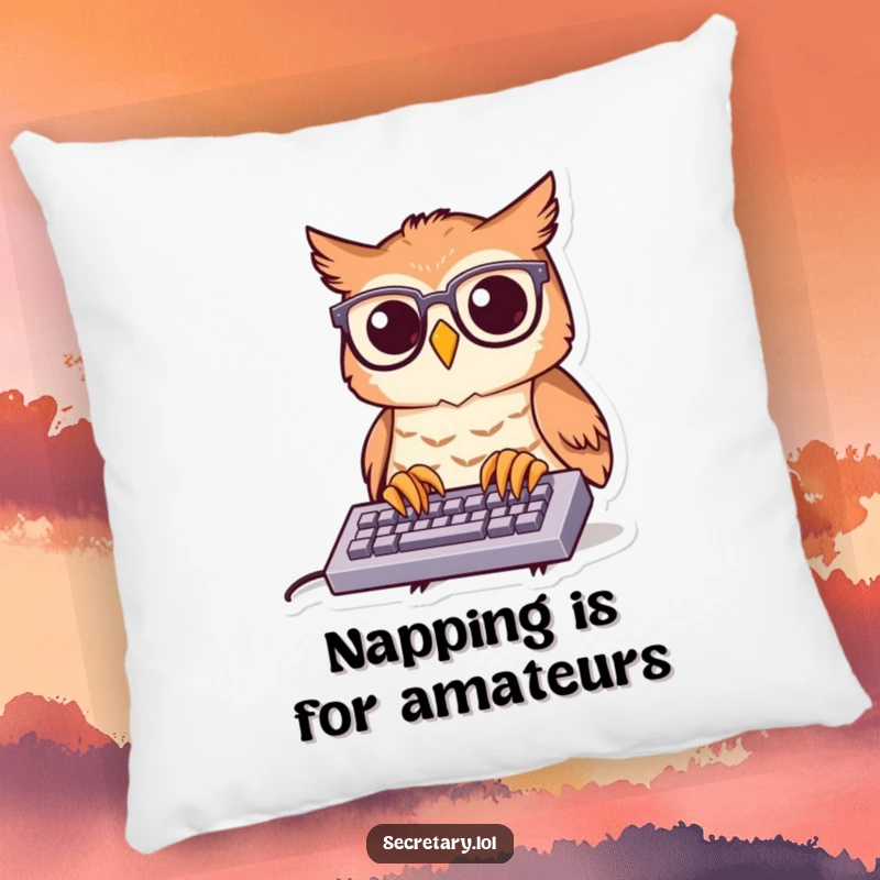 Funny owl wearing glasses, typing energetically on a miniature keyboard, featured on a plush pillow for cozy, humorous decor.