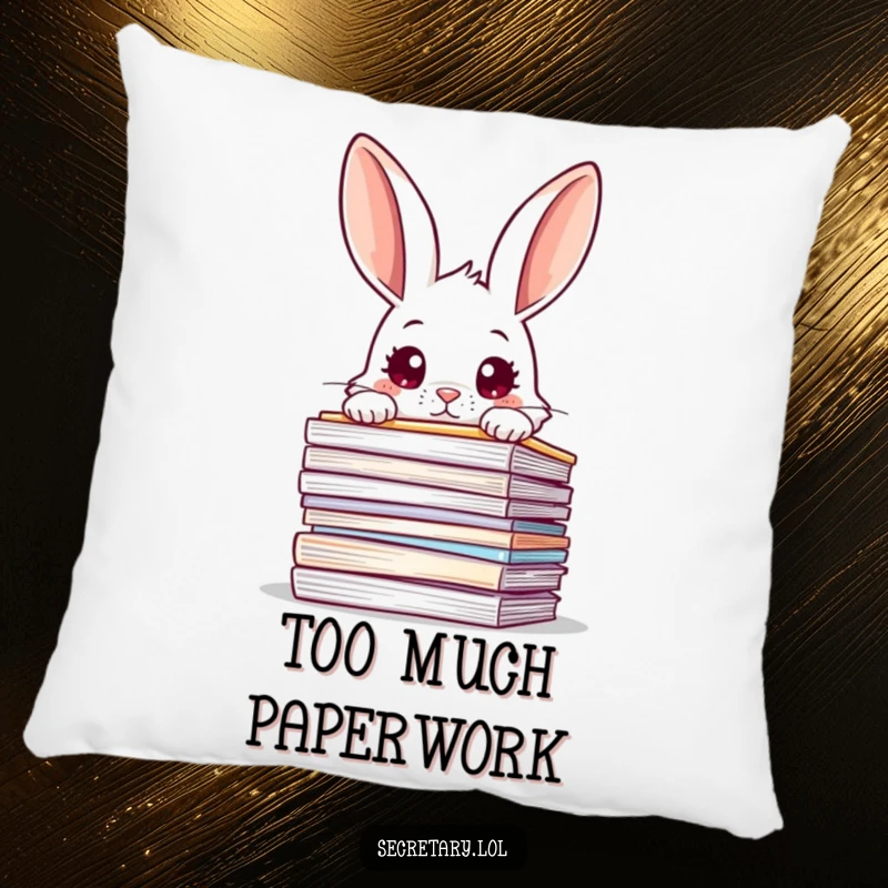 Funny rabbit with wide, curious eyes peeking over a pile of messy files, on a pillow for humorous comfort.