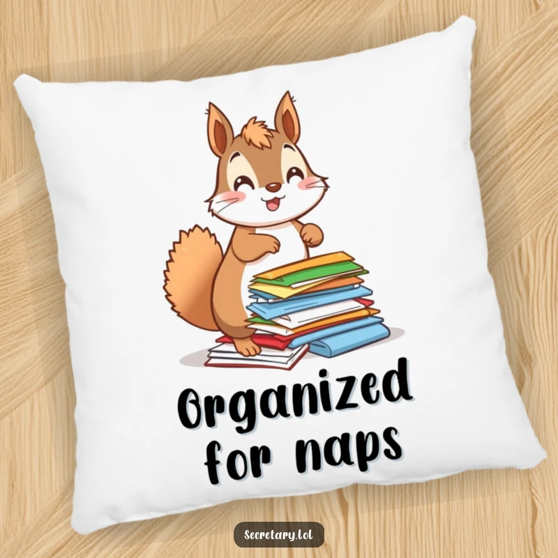 Funny squirrel energetically organizing colorful papers with a bouncy posture, on a pillow for humorous comfort.