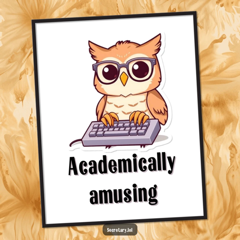 Funny owl wearing glasses, typing on a miniature keyboard, offered as a digital art print for immediate humorous wall decor.