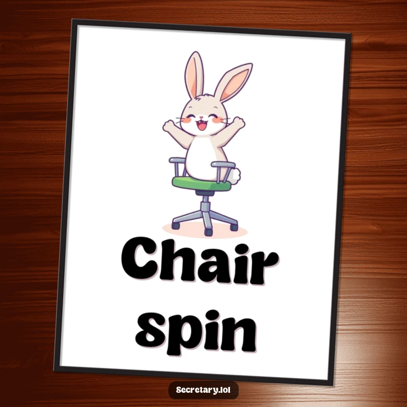 Funny happy bunny spinning on an office chair, looking dizzy and delighted, digital art for printing.