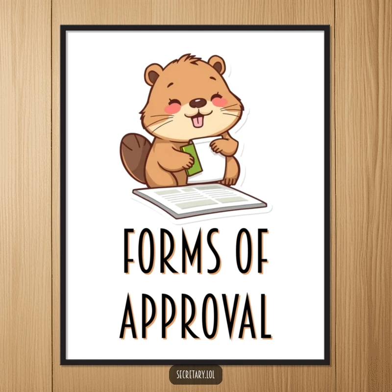 Funny beaver diligently stamping a form with a pleased expression, offered as a digital art print for instant humorous decor.