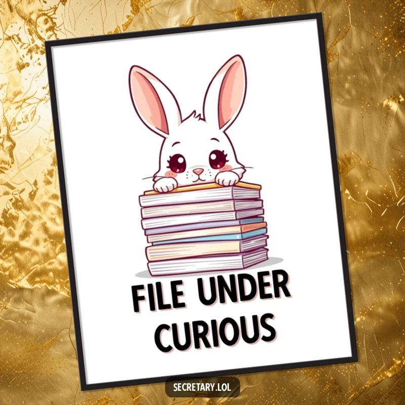 Funny rabbit peeking over a stack of files with wide eyes, offered as a digital art print for instant humorous decor.