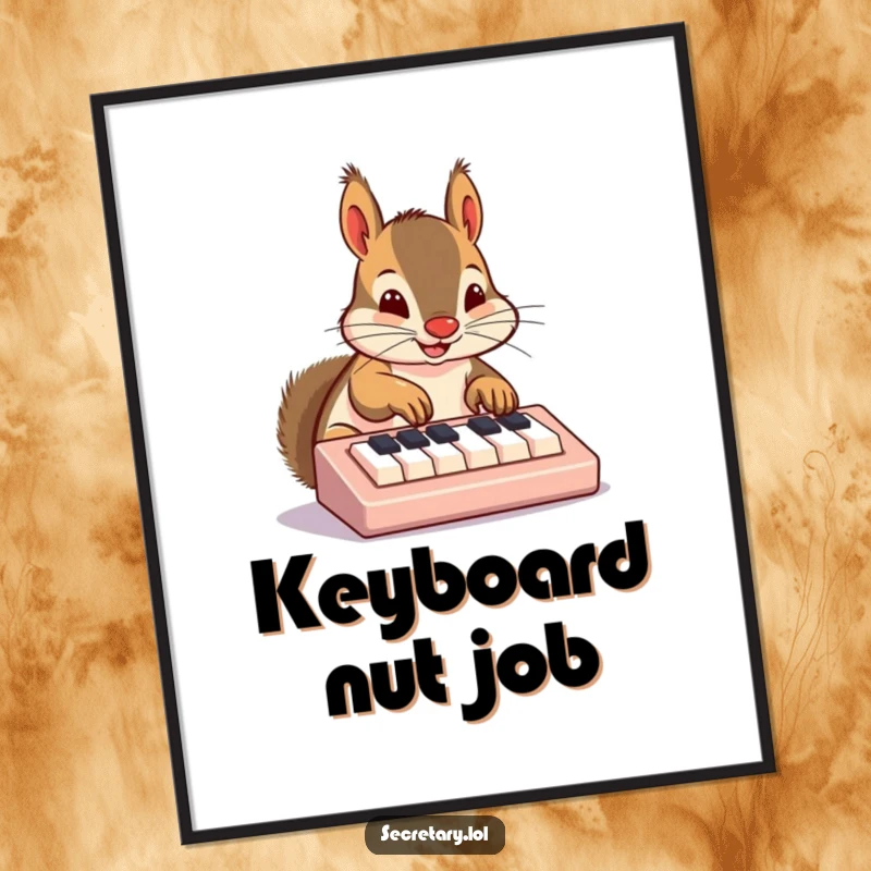 Funny squirrel digital art print of a cheerful rodent nose-typing on a miniature keyboard, instant humorous decor.