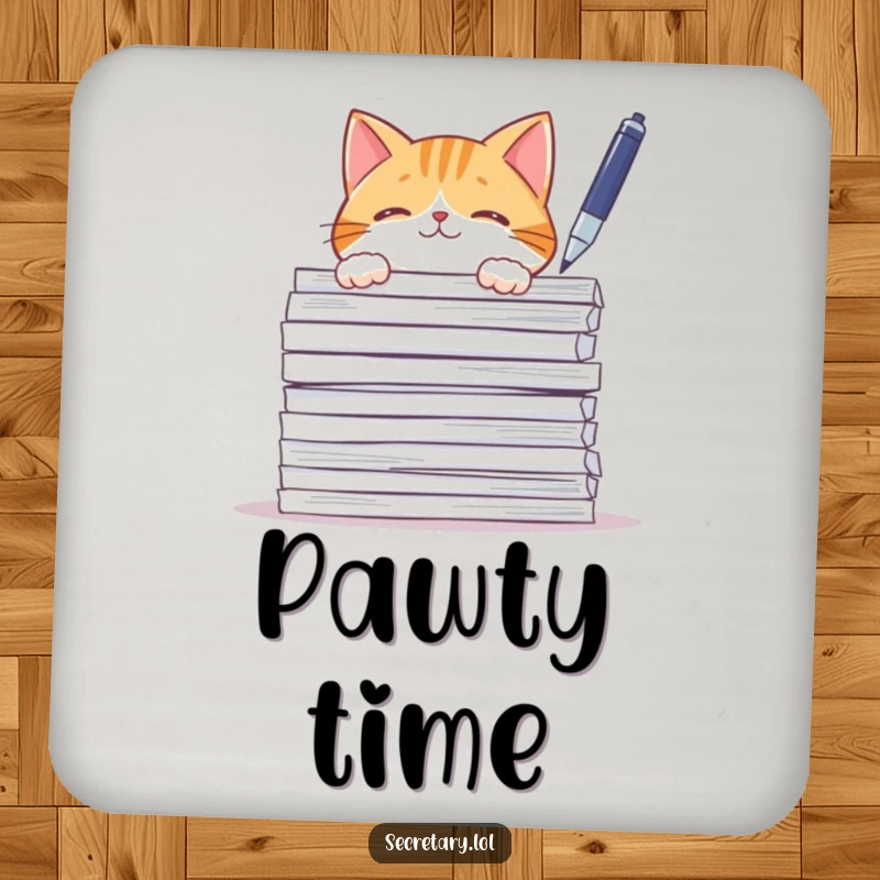 Funny curious cat peeking from papers, batting a pen, perfect for drink coasters.