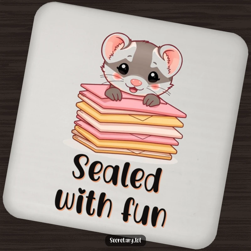Funny ferret peeking from behind a stack of miniature, cute envelopes, depicted on protective drink coasters for tables.