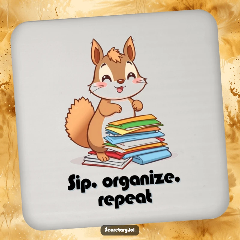 Funny squirrel energetically organizing papers with a bouncy attitude, on drink coasters for humorous surface protection.