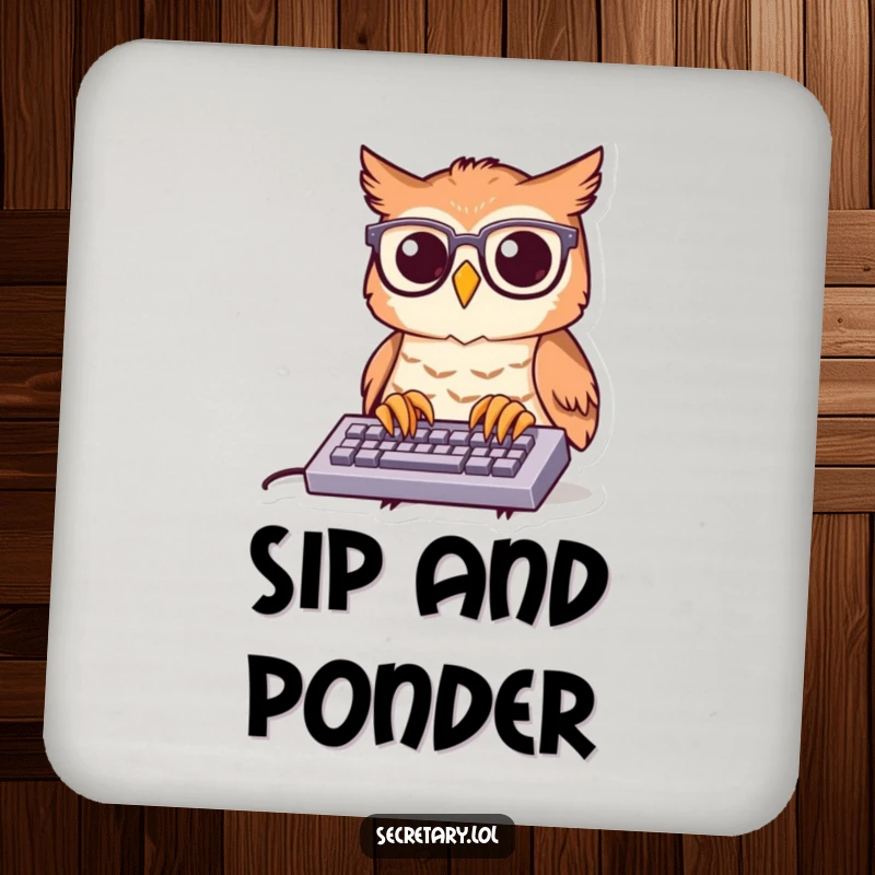 Funny owl with spectacles typing on a keyboard, placed on drink coasters for a humorous and protective surface.