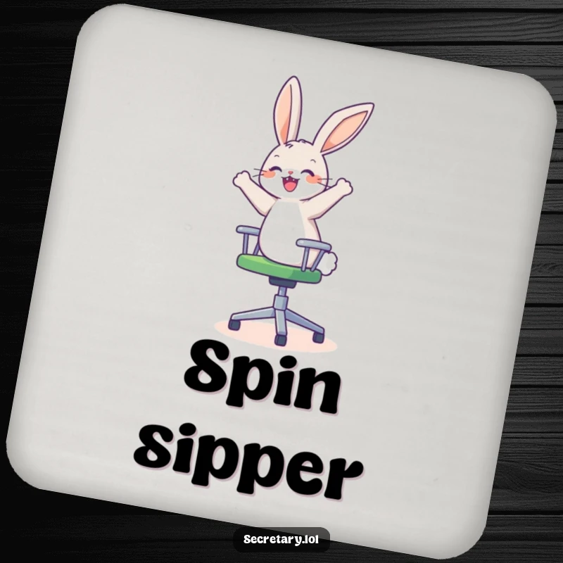 Funny happy bunny spinning on an office chair, looking dizzy and delighted, perfect for drink coasters.