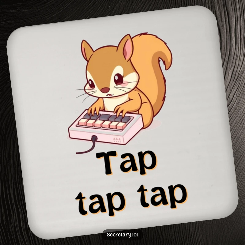 Funny squirrel tapping rapidly on a miniature keyboard with tiny claws, protecting surfaces with a humorous and speedy design.