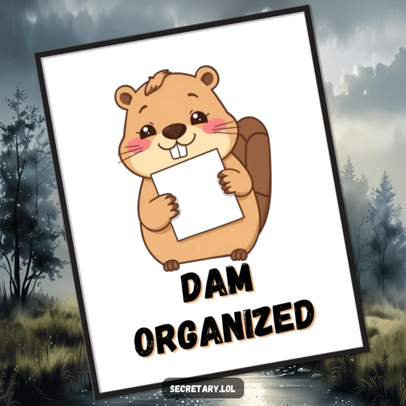 Funny cheerful beaver carefully filing a single sheet of paper with its paw, creating humorous and diligent office art.