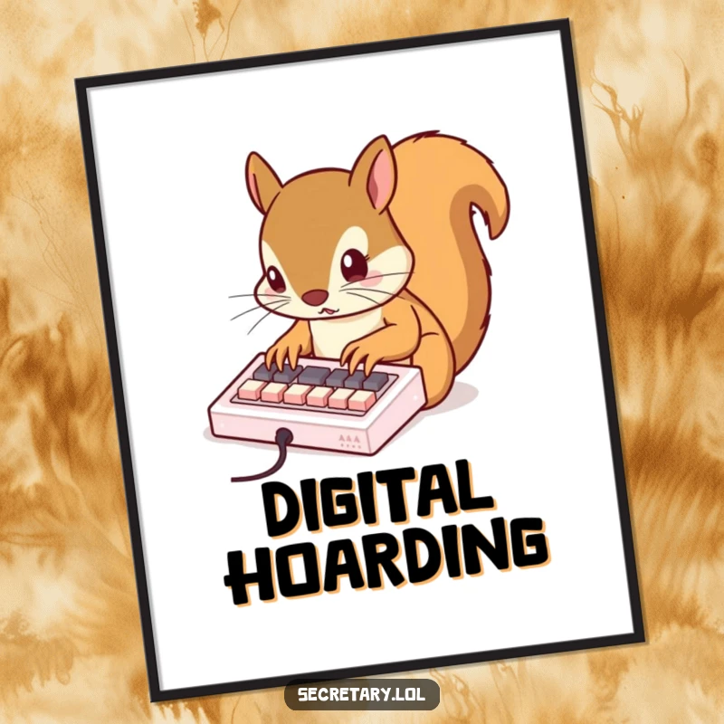 Funny busy squirrel rapidly tapping on a miniature keyboard with tiny claws, creating humorous and techy office art.