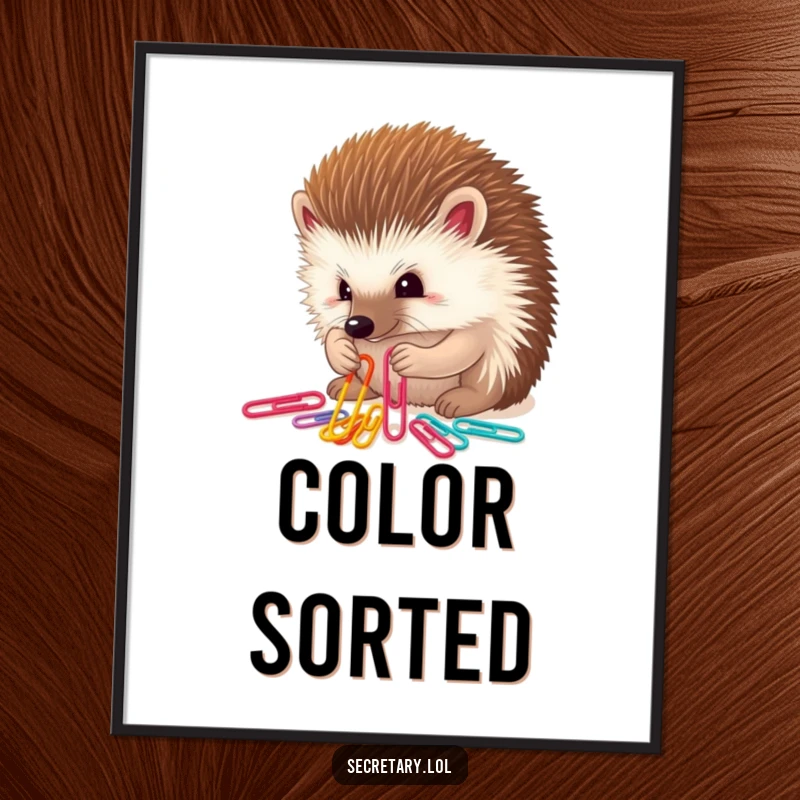 Funny determined hedgehog sorting colorful paper clips with tiny paws, perfect for wall art.