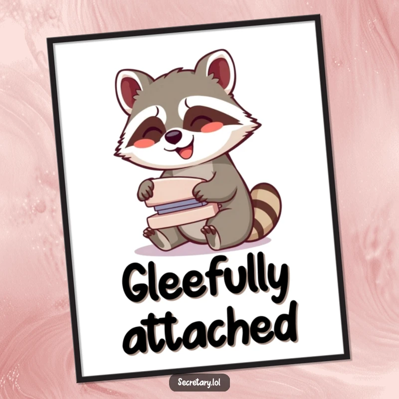 Funny giggling raccoon gleefully operating a whirring stapler, featured on a poster for humorous office decor.