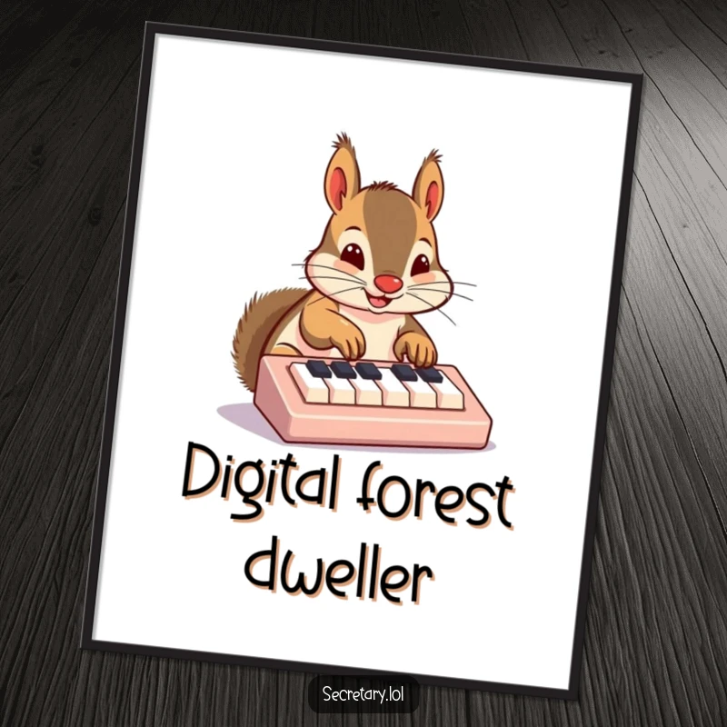 Funny squirrel poster depicting a cheerful rodent nose-typing on a miniature keyboard, perfect humorous wall art.