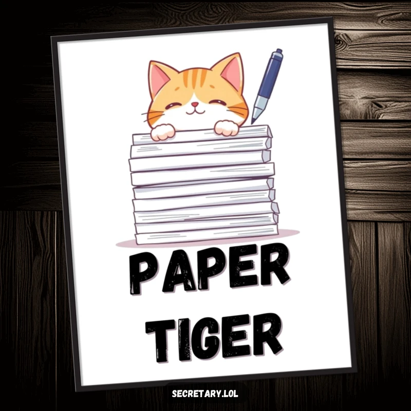 Funny curious cat peeking from behind papers, batting a pen, perfect for wall art posters.