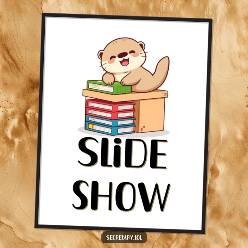 Funny otter giggling while sliding down a miniature desk on files, perfect for wall art.