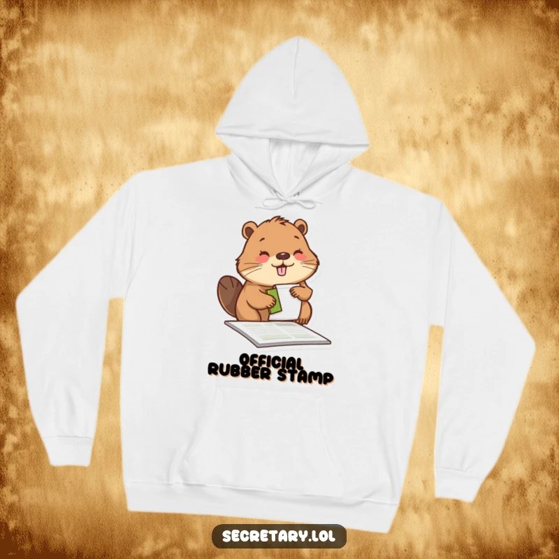 Funny beaver with a stamp, working diligently on a form, featured on a cozy hoodie, symbolizing a happy worker.
