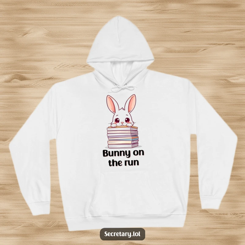 Funny rabbit with big eyes peering over a mountain of files, depicted on a hoodie for humorous, cozy wear.
