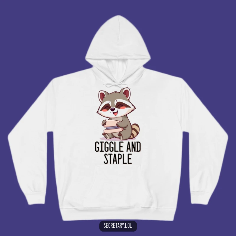 Cozy Funny Raccoon Stapler Hoodie: Giggling Mischief - Humorous Comfort Gift
