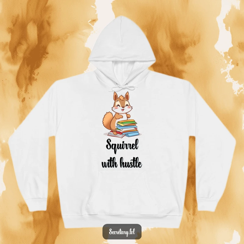 Funny squirrel energetically organizing colorful papers with a bouncy jump, depicted on a hoodie for cozy, enthusiastic wear.