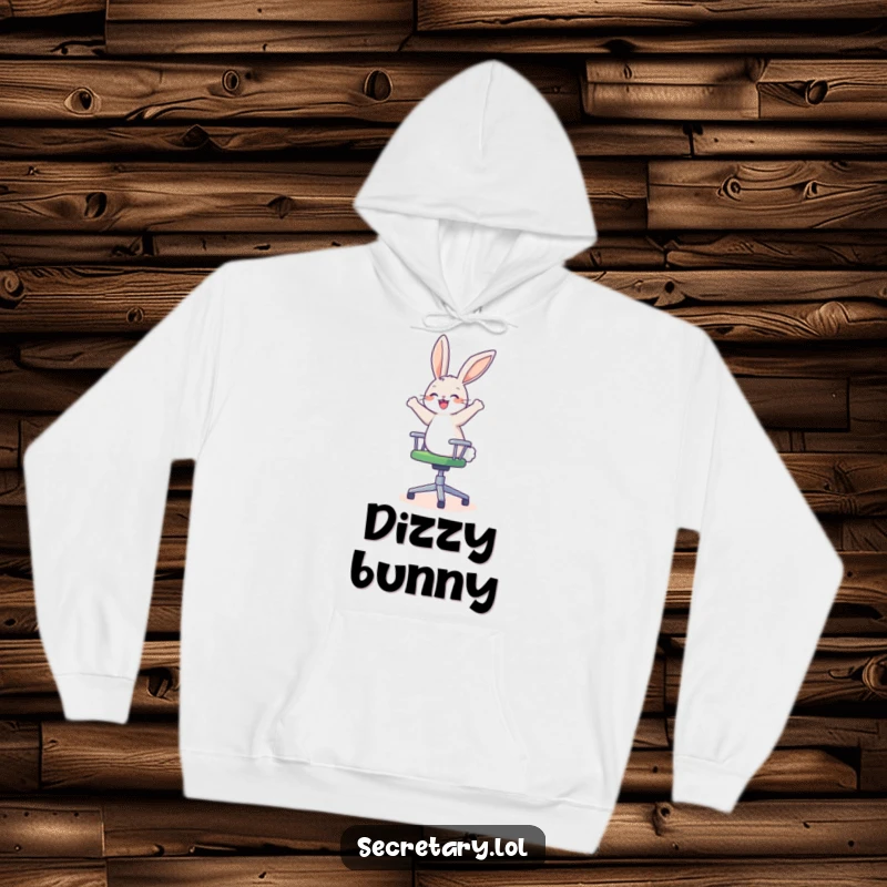Funny happy bunny on a spinning office chair, looking dizzy and delighted, ideal for hoodies.