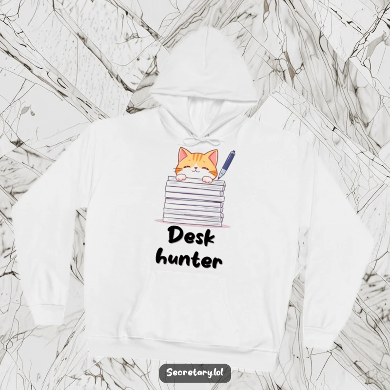 Funny curious cat peeking from behind large papers, playfully batting a pen, ideal for hoodies.
