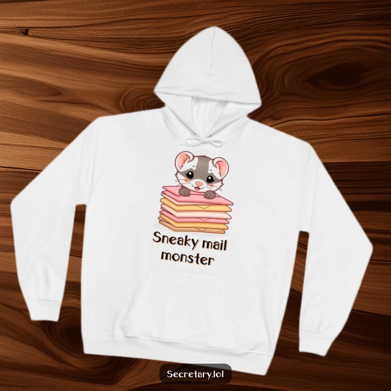 Funny ferret peeking from behind a pile of tiny, cute envelopes, printed on a cozy hoodie for a humorous, warm feel.